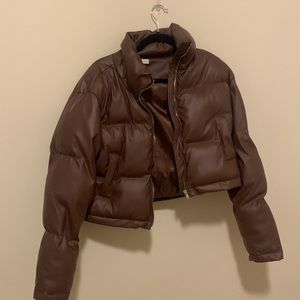 12th Tribe x Salty Blonde Crop Brown Faux Leather Puffer